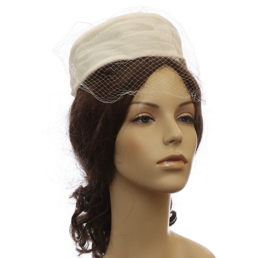 Vintage 1960s White Pillbox Hat Veil Union Label Wedding Formal